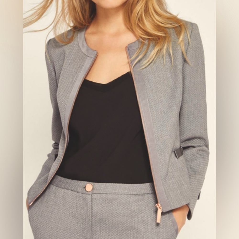 Ted Baker Cropped Textured Jacket Mid Grey peplum zipper no collar bow
